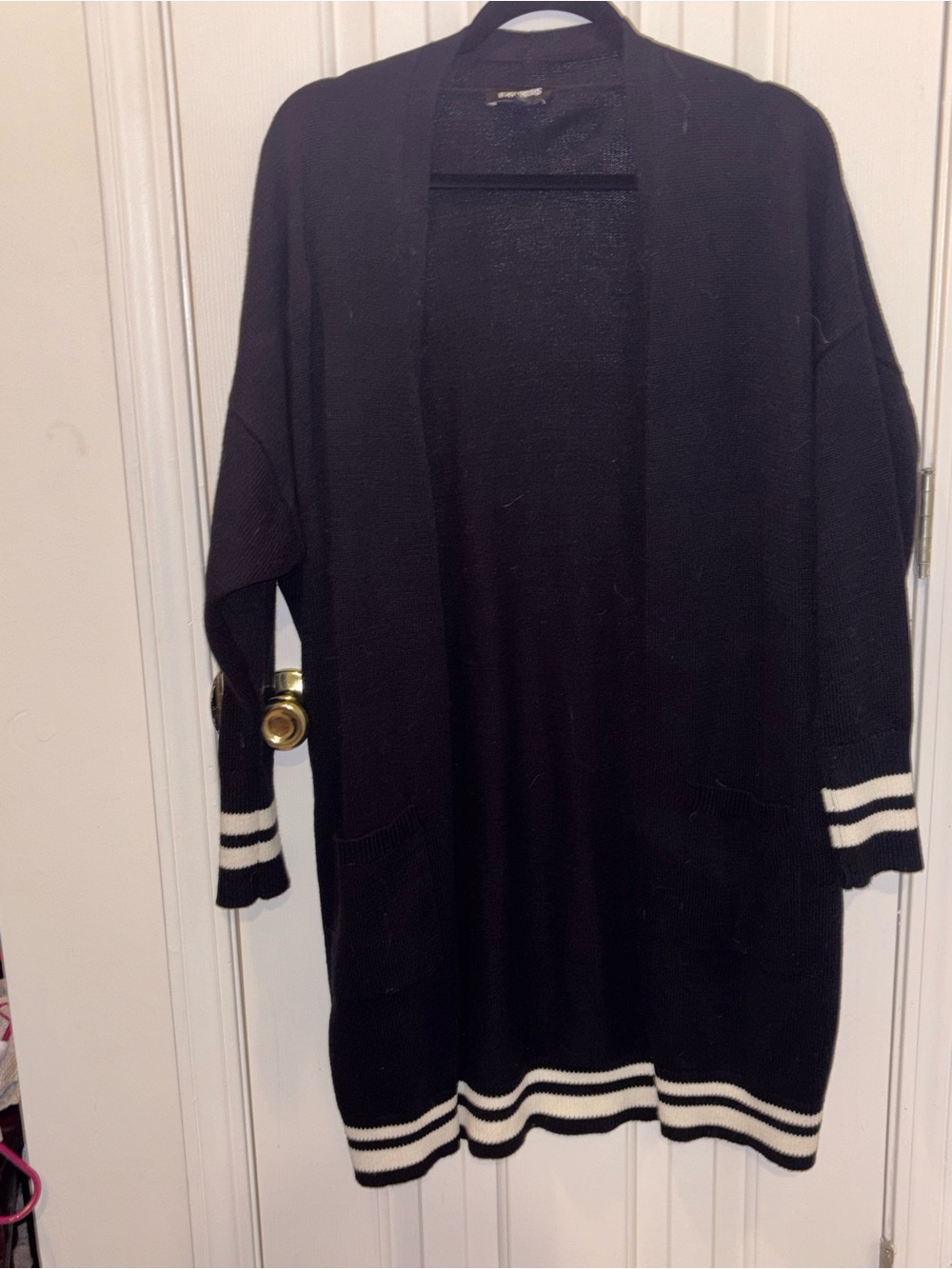 Express Open-Front Long Cardigan with White Stripe Accents